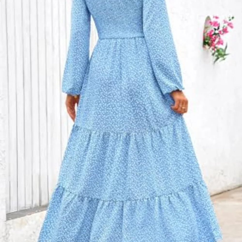 Flowy Floral Maxi Dress Smocked Tiered Long Sleeve Spring Boho Chic - Picture 4 of 8